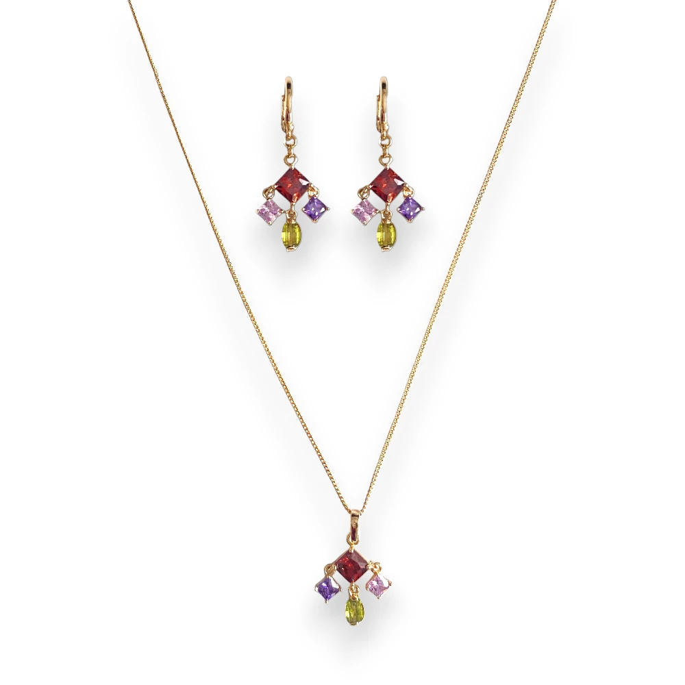 Renkli Taşlı Sallantılı Kolye-Küpe Set